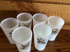 Vintage Set of 6 Fire King Game Bird Milk Glasses Duck, Grouse, Pheasant, MCM