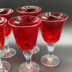 Artland Ruby Red Iris Hand Blown Bubble Glasses Goblets Clear Stem 8″ SET OF 5