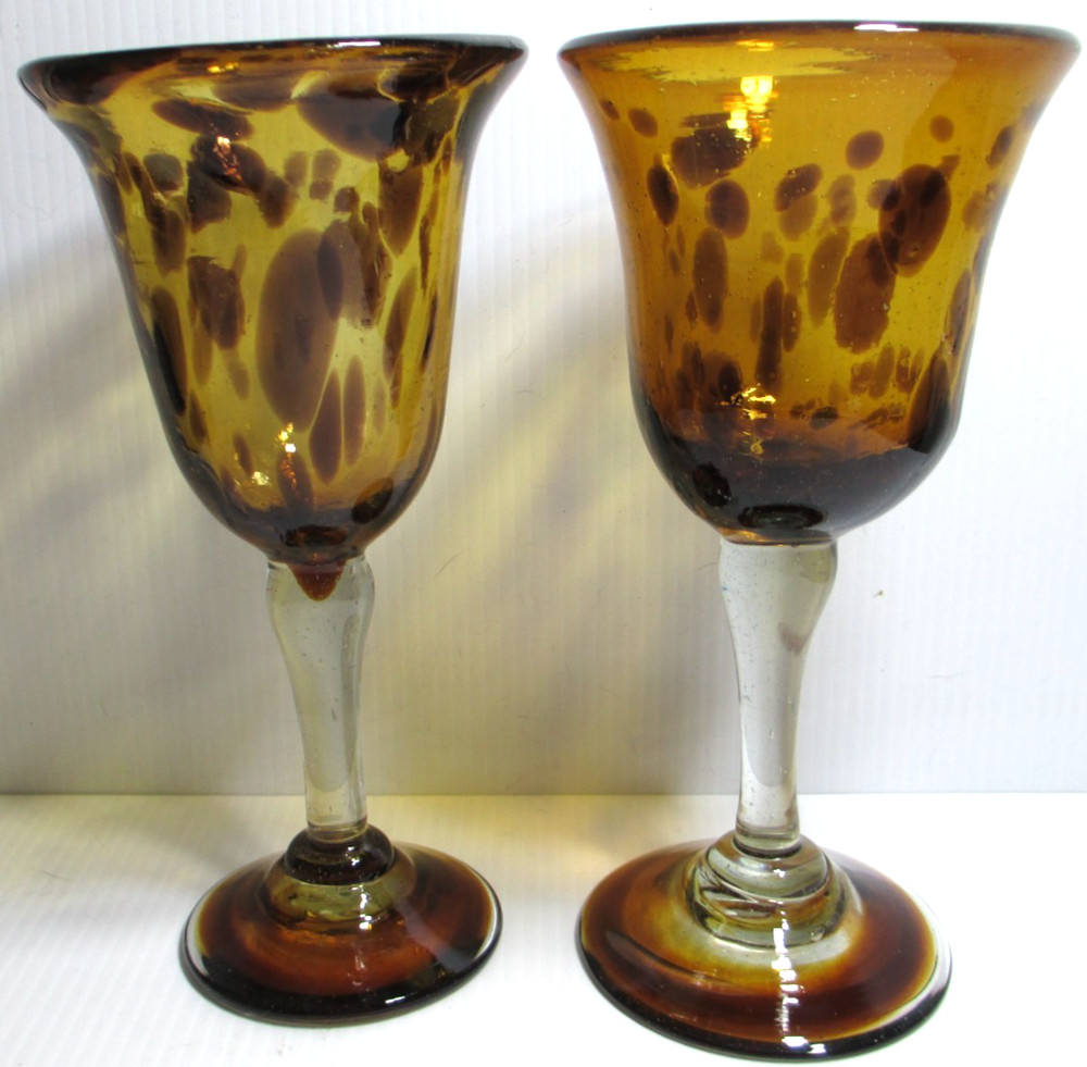 Hand-Blown Glass Goblets SET OF 2 Amber Brown Tortoise Shell Leopard Spots #5