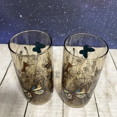 VTG 2 Libbey Amber Monarch Butterfly and Wheat Tumblers Glasses 16oz