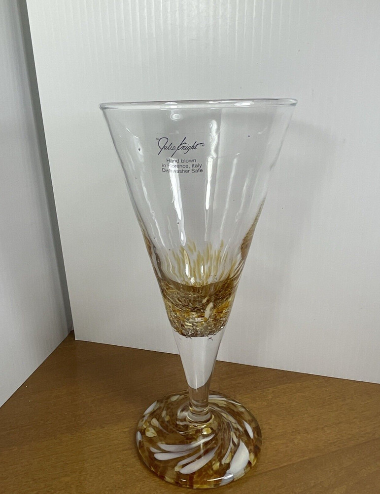 Hand Blown Wine Cocktail Glass Yellow Gold Confetti Swirl Signed Julia Knight