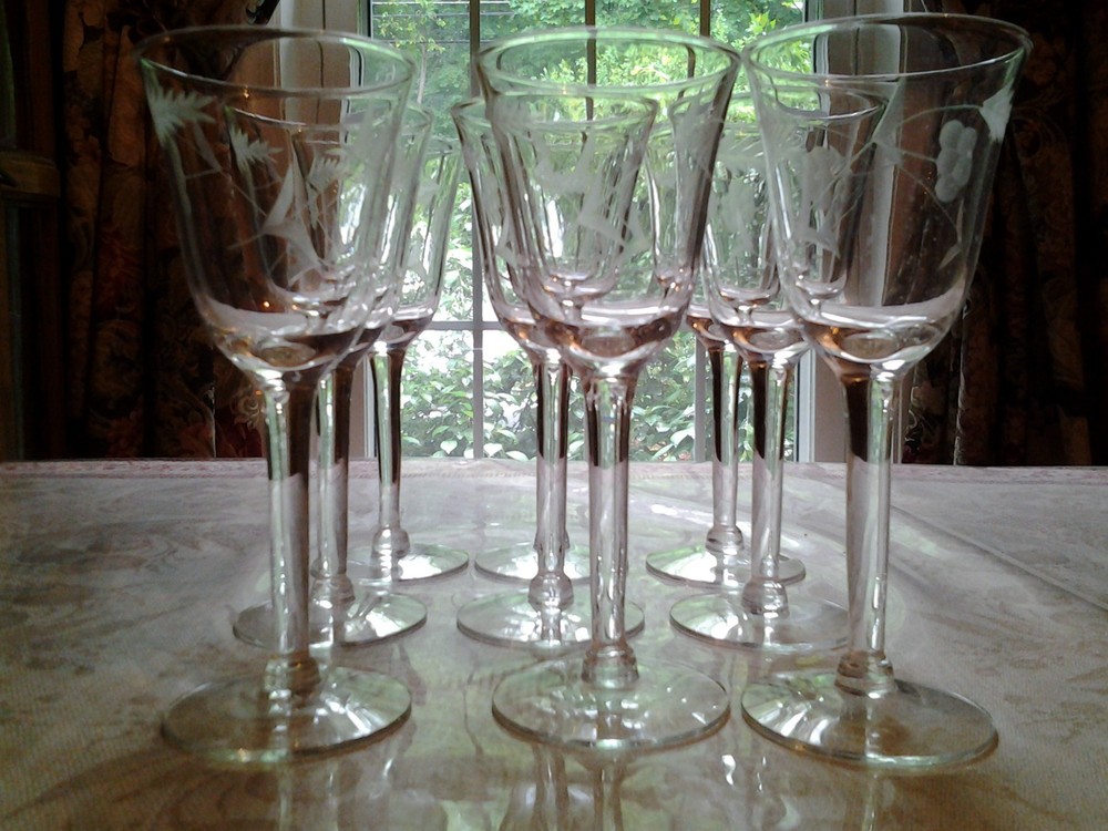 Etched Long Stem Wine Glasses, Crystal Wheat & Grapes, 6″ tall, sold separately