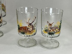 HAND PAINTED HUNTING WILDLIFE LIQUOR GLASSES SET OF 6 With Stand Deer Rabbit Fox