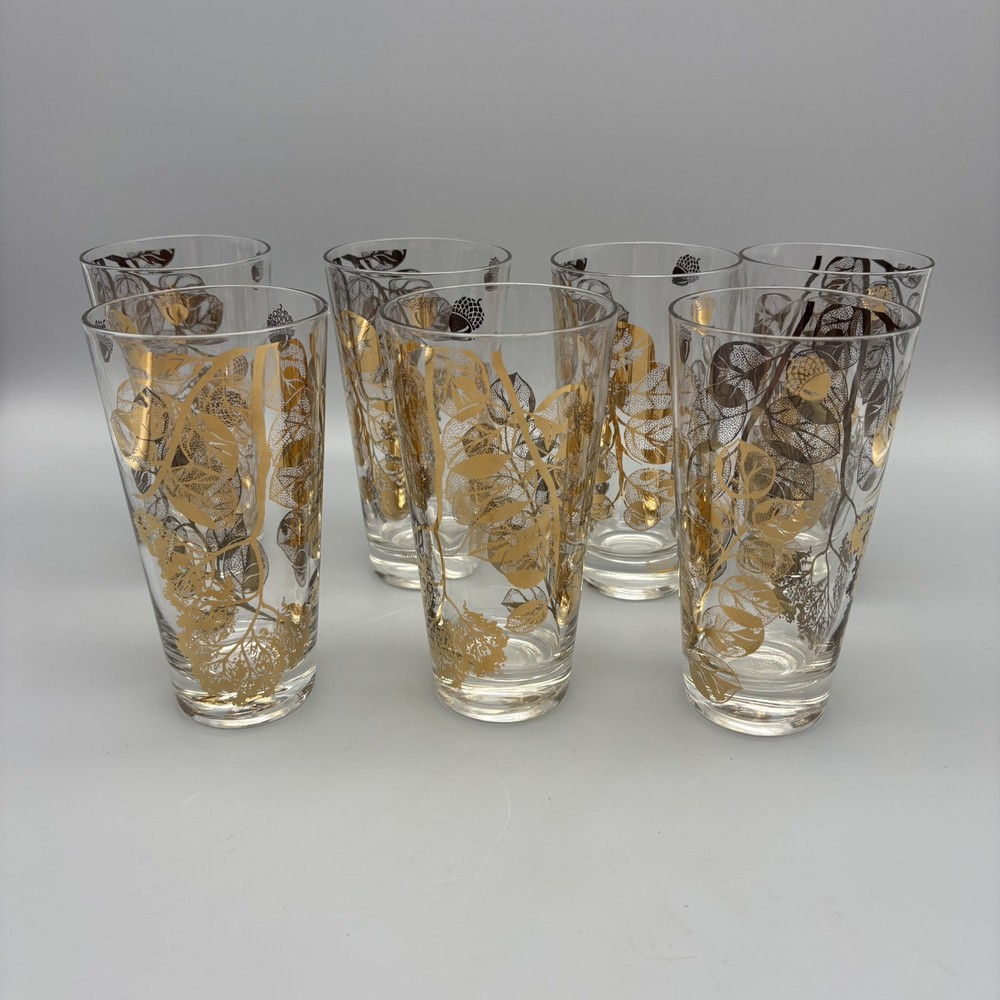 Gay Fad Gold Acorn Leaf High Ball Glasses 5.75” Tall 12 Oz MCM Set Of 7