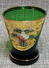 Murano Emerald Green Cordial Glass Gold Gilding and Enamel Flowers 5 pc Set