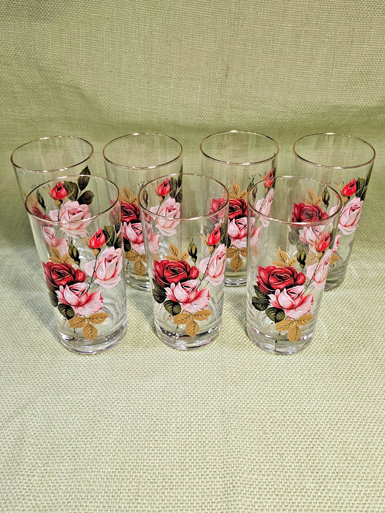 Vintage Set of 7 West Virginia Glass Co Radiant Rose Drinking Glasses 10 oz Mint