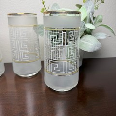 Vintage Libbey Greek Key Frosted Highball Glasses Gold Rim MCM Set of 4