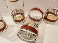 4 Vtg Luminarc After Hours J. G. Durand MCM HighBall Cocktail Glasses Rust &Gold