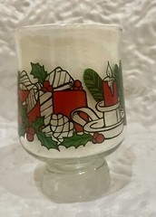 Christmas Low Ball Footed Glass Libby VTG MCM Wreath Ribbon Bow Holly Berry Pine