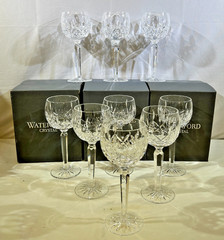 Vintage Waterford Lismore Cut Crystal Wine Hock Set Of 9 w/ boxes 7.5″