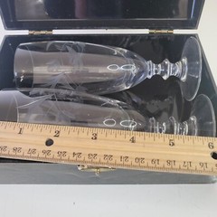 Short Etched Champagne Flutes Button Base in VTG Hinged Plastic Decoupage Box