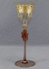Salviati Venetian Enameled Venus In a Shell Pink Rose & Gold Amber Wine Glass