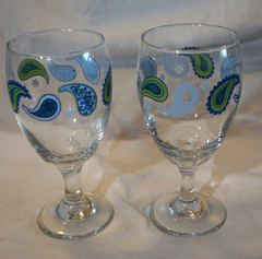 6 MCM LIBBEY CRISA BLUE TEAL PAISLEY PATTERNED GOBLETS WINE GLASSES 7″