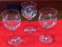 Crystal Goblets –3 Vintage Etched 6.5″ Tall – Butterfly/Floral / Leaf Design
