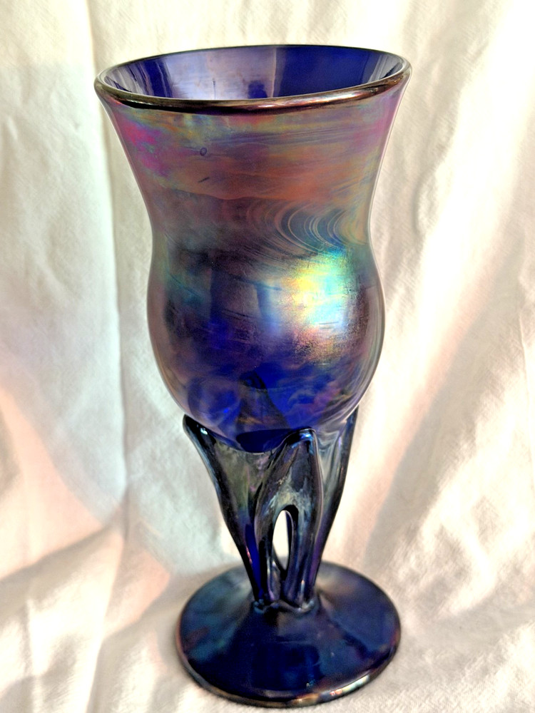 irridescent cobalt blue art glass goblet signed Paul B