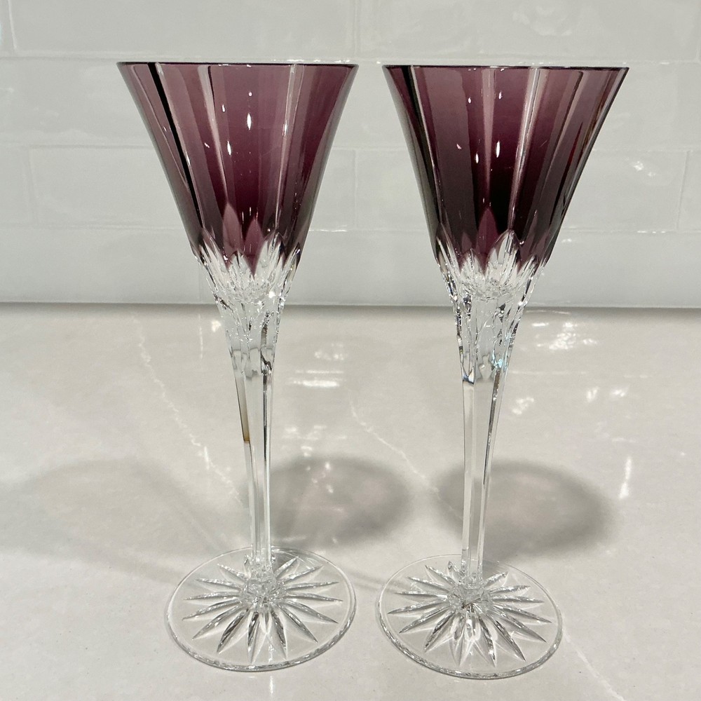 Castile Albinka Cordial Glasses Ajka Amethyst Cut to Clear Crystal 8.75″ Pair