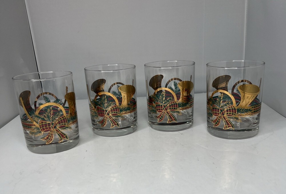 Vtg Set of 4 Culver Old Fashioned Glasses Yule Horn Holiday Ribbon Gold USA FLAW