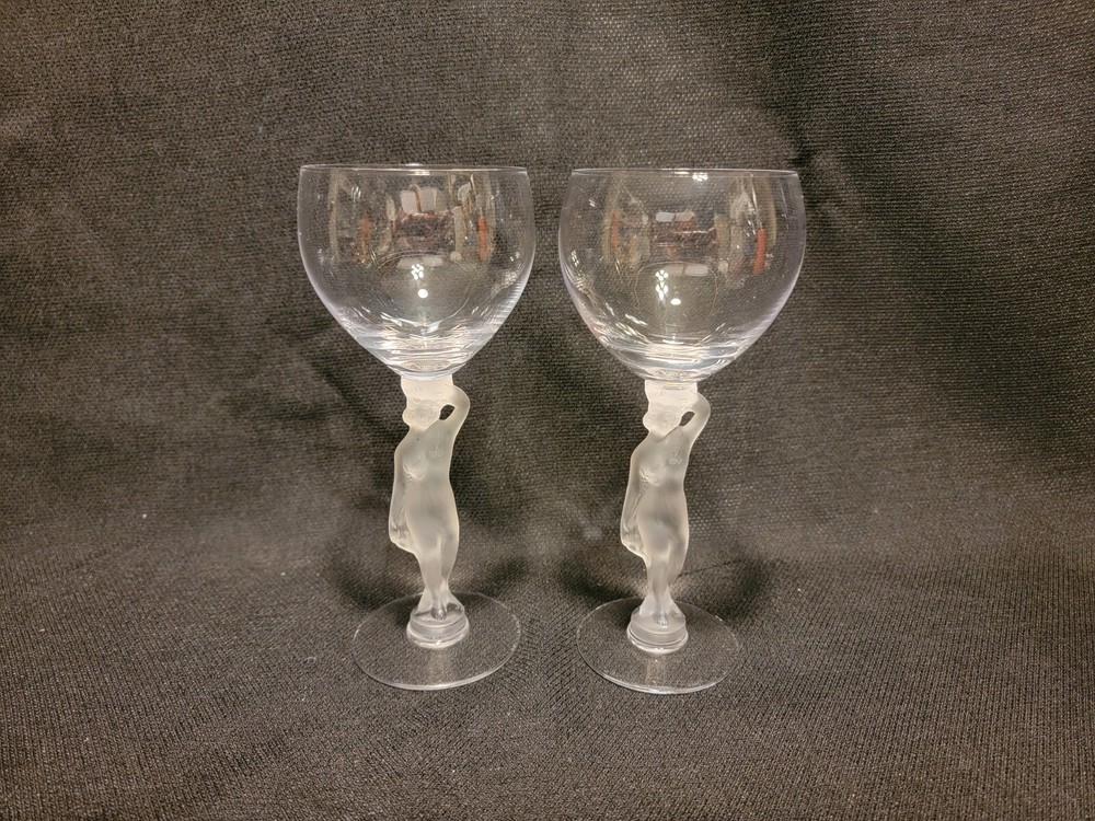 Vintage Set of Crystal Bayel Bacchante Claret Wine Glasses with Frosted Nude Ste