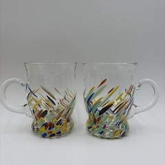 Set of 2 Hand Blown «White Crystal» Clear Glass Confetti Coffee Mug Tea Cup
