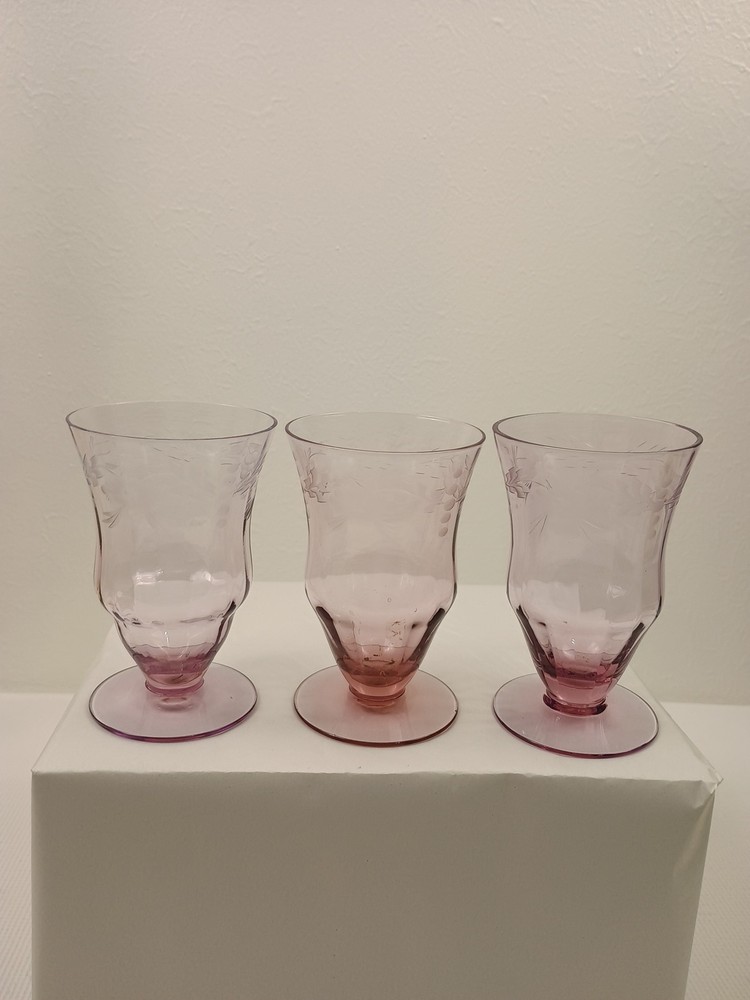 Vintage Etched Pink Depression Glass Small Blown Glass Footed, Set Of 3,