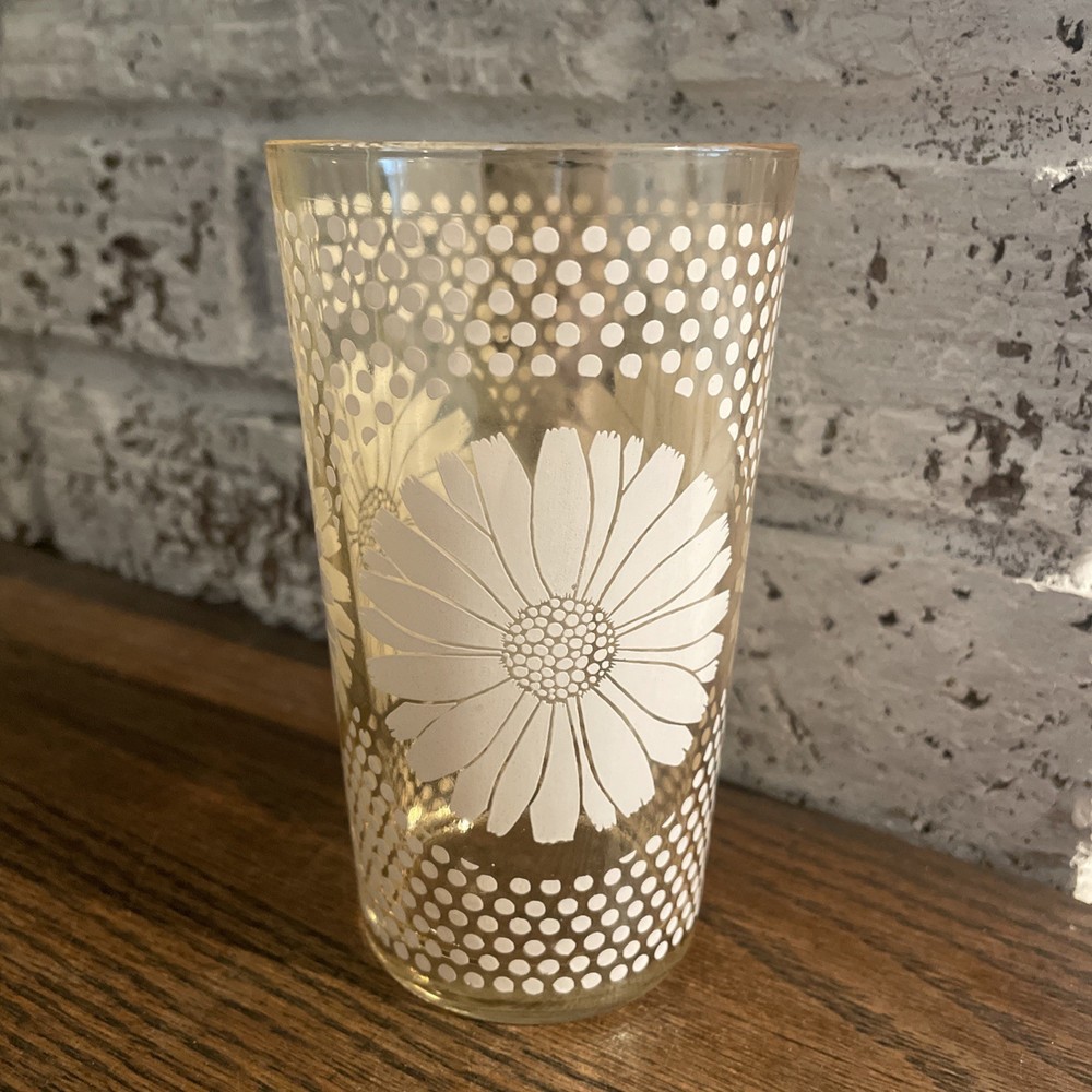 Vintage Drinking Glass Tumbler Daisy & Dots POZ Barware 5 In