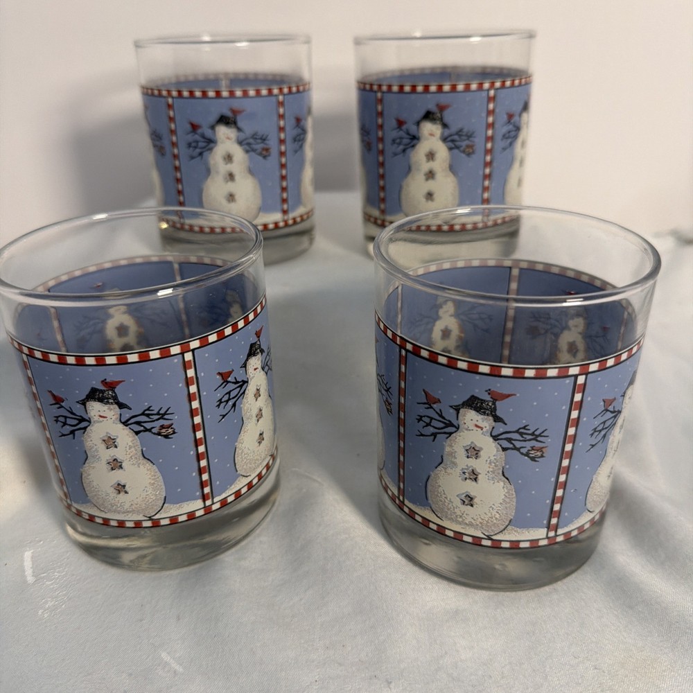Vtg Anchor Hocking Debbie Mumm Snowman Set 4 Rocks Glasses 4” Blue White 1998