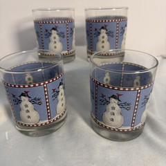 Vtg Anchor Hocking Debbie Mumm Snowman Set 4 Rocks Glasses 4” Blue White 1998