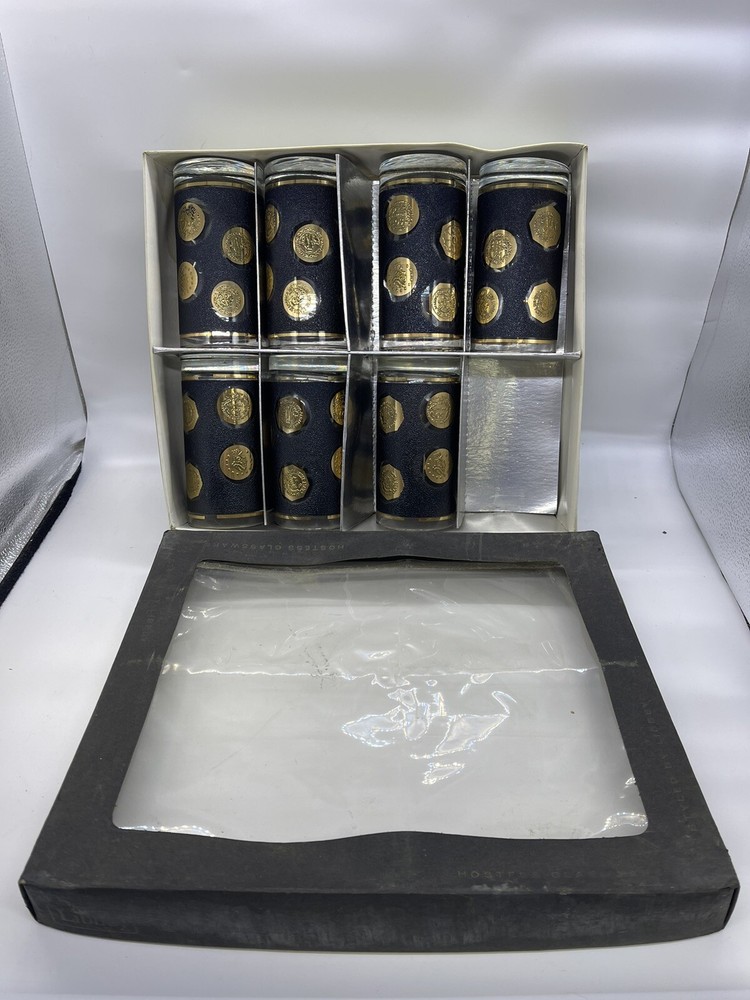 VTG 7 Libbey Hostess Glassware Black Gold Coins 15oz Cooler Tumbler Set w/ Box