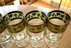 Vintage Cera Glass Water Goblets Grecian Green 22K Gold Grapes Set of 5
