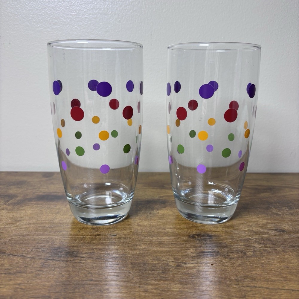Lot of 2 Highball Drinking Glass Tumbler Pampered Chef Mixed Polka Dots 6″ 17oz