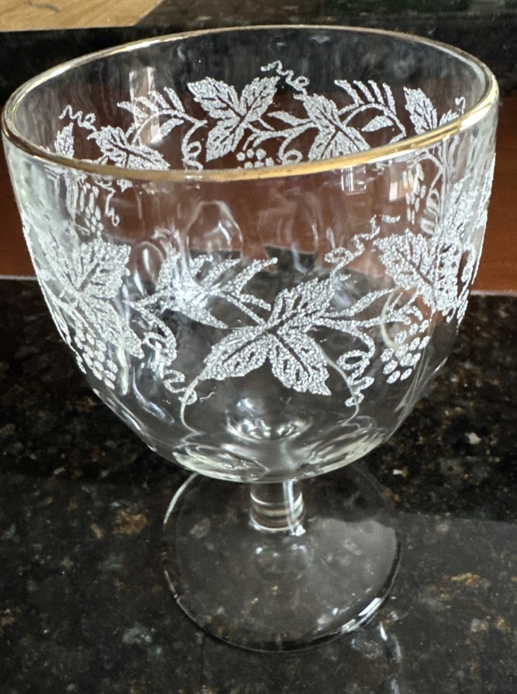 Bartlett Collins Water Goblet Etched Glass Thumb Print Gold Rimmed Glass