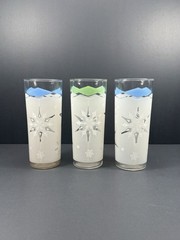 MCM Atomic Snowflake Highball Glasses Set 3 Frosted Blue Green Diamond Tumblers