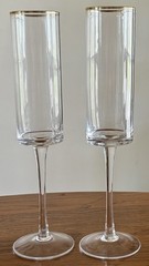 Gold Rim Champagne Flutes Clear Set 2 Tall Cylinder Blown Glass Pontil 10.25”