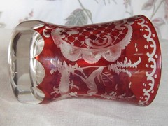 Bohemian Ruby Glass Beaker~Deer & Stag~ Concave Base, Thick Crystal, c.1880