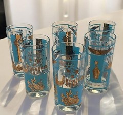 Vtg MCM Highball Water Glasses Tumblers Aqua Gold Pineapple Floral Retro 6 Pc