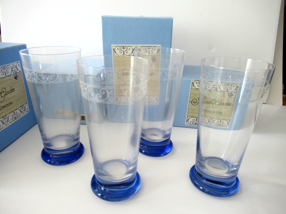 Wedgwood Sarah’s Garden 4 Blue Tall Water All Purpose Glasses 7” new 12oz Signed