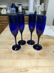 Vintage Libbey Cobalt Blue Glass Champagne Flutes Barware, Set of 4