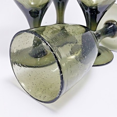 Hand Blown Seeded Bubble Wine Glasses Solid Avocado Green Water Goblets Set Of 4