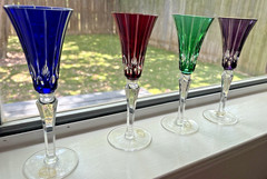Ajka Cut to Clear Crystal Flutes Set of 4 Multi Color Hungary Lead Glass H-7″