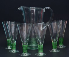 VTG 7 PIECE TI AMO ITALY PITCHER GOBLET ART GLASS GREEN REEDING APPLIED HANDLE