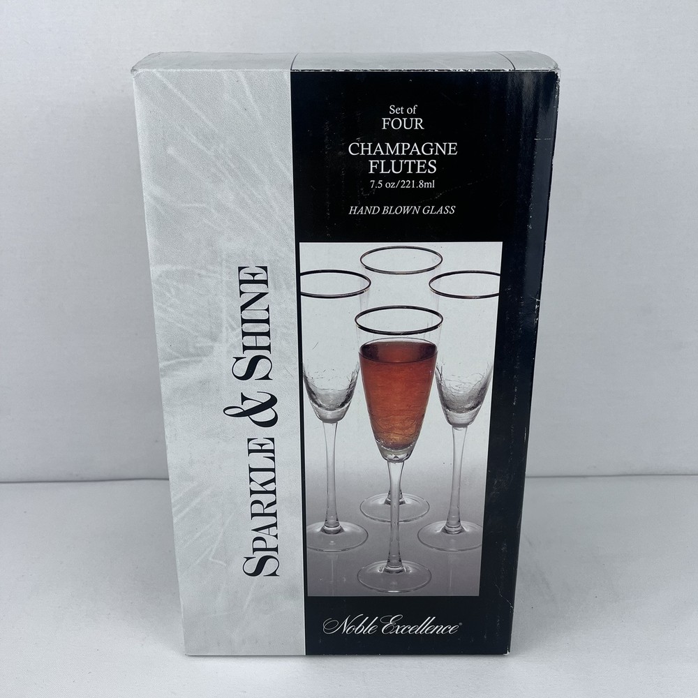 Noble Excellence Sparkle Shine Set of 4 Champagne/Wine Flutes Drink Glass 7.5 Oz