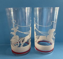 2 Vintage Glass Tumblers / Chariot- Charioteer- Horse /Raised White Dots