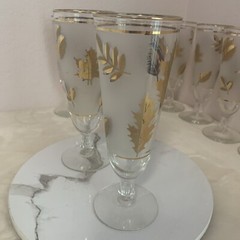 Libbey Golden Foliage (Frosted Gold Leaf) Footed Pilsner MCM Glasses Set of 10