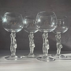 Vintage Bayel Bacchante Crystal France Nude Figural Stem Wine Goblets Set of 4