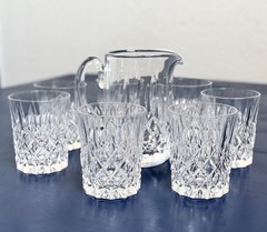 Elegant Crystal Pitcher & 7 Matching Glasses Set Classic Cut Glass Pattern Vtg