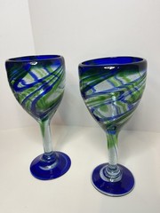 Pair of Swirling Blue/Green Hand Blown Glass Goblets Wine Glasses