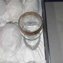 J Preziosi Lavorato A Mano, Italy Wine/Water Glasses Set 6 Gold Trim 5.5″ w Box
