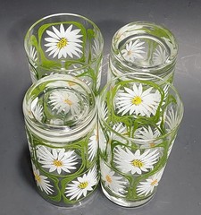4 Vintage Libbey Glass Green Square White Daisy Yellow Drinking Glasses 1970s