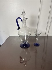 Vtg Mcm Wine Pitcher Clear And Cobalt Blue With Applied Handle &1 Cordial Glass