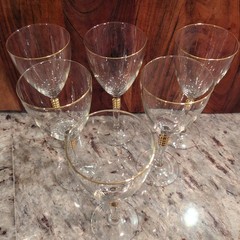 Hollywood Regency Style Wine Glasses, Gold Rims, Gold Ring Ribbed Band, Set 6